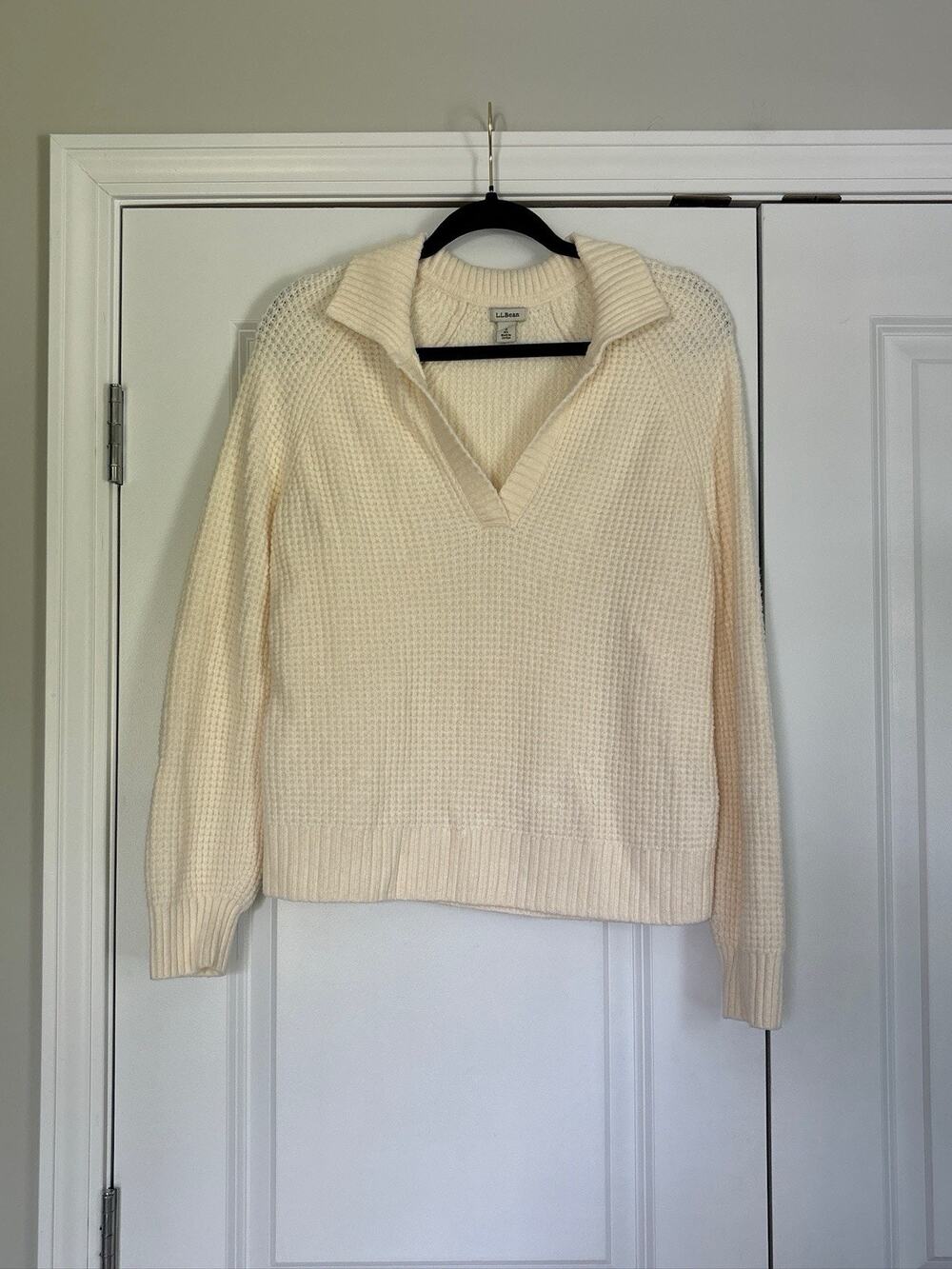 L.L.Bean SuperSoft Waffle Polo Women's Small Preppy Academia Cozy Cream Cotton